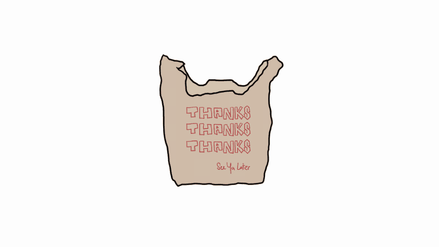 Rotoscoped animation of the THANKS bag, redrawn in flat beige with red lettering, swaying gently as it's held open.