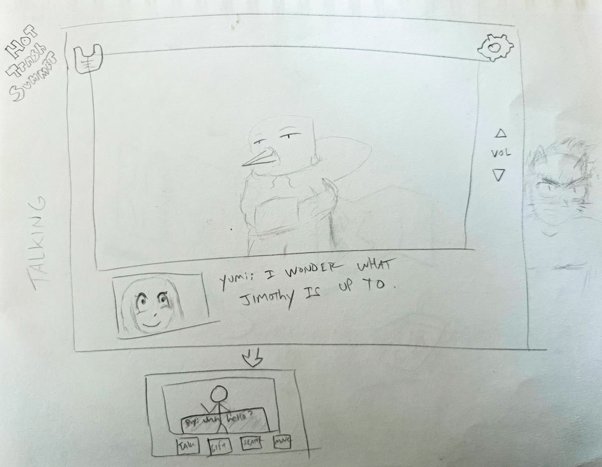 CJ's pencil sketch of the game UI as a TV: Deacon the crow on screen, a dialog box with Yumi's portrait below, volume buttons on the bezel, a bag icon in one corner and a settings gear in the other.