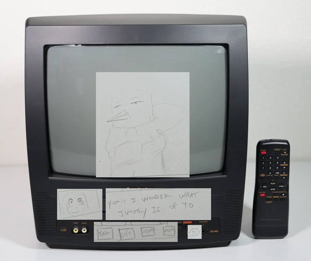 Layout mock: the same TV with the dialog box, portrait, a row of Talk / Gift / Search / Move buttons and a settings gear laid across the VCR slot.