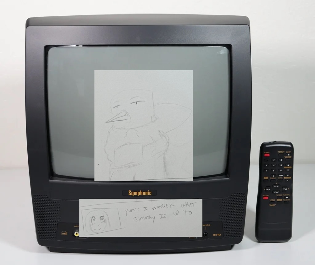 Layout mock: the sketched dialog box and Yumi's portrait pasted over the TV's lower bezel, with the action buttons hidden.