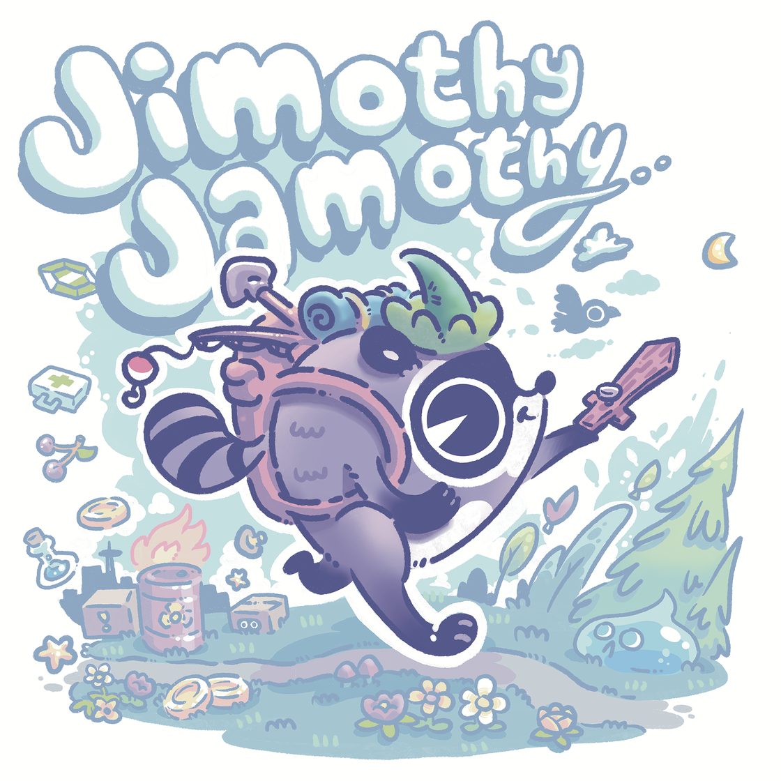 Jimothy Jamothy poster: a pastel raccoon in a leafy hat leaps forward holding a wooden sword and a fishing rod, over a Seattle skyline of trash cans, flowers and evergreens.