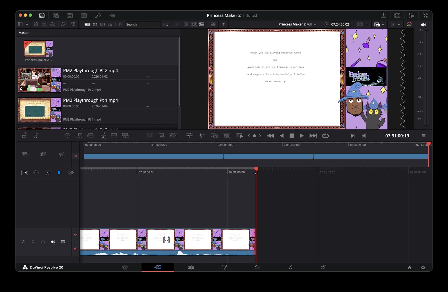 A DaVinci Resolve project called Princess Maker 2, with a timeline running past the seven-and-a-half hour mark and the game's thank-you-for-playing ending on screen.